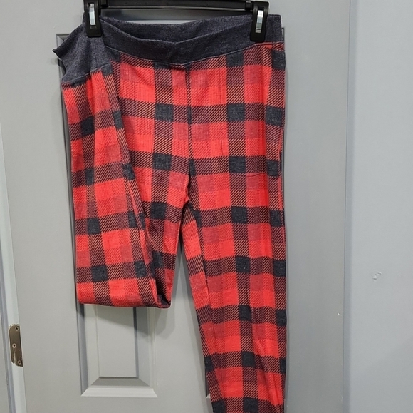 Cuddl Duds Gray Red Plaid Gingham Check Stretch Thermal Leggings Jogger Pants - Picture 1 of 14